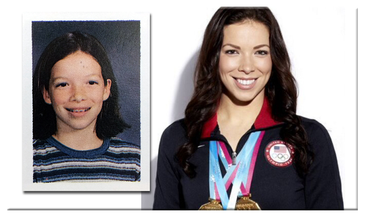 Two photographs of Kate Ziegler. On the left is a picture of her from a Forestville Elementary School yearbook. On the right is a picture of her wearing a U.S. Olympic Team jacket, and several gold medals.