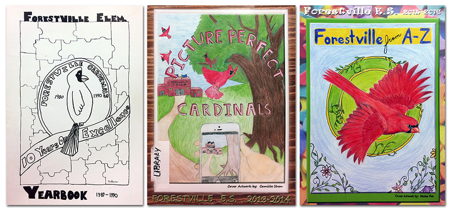 Photographs of three yearbook covers, 1989 to 1990, 2013 to 2014, and 2015 to 2016. All three covers feature student-drawn artwork of the school mascot. The first cover is in black and white and is a simple line drawing. The new covers are in color and are elaborate colored pencil drawings.