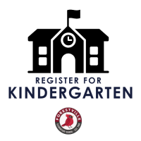 A black and white icon of a school building with a clock and flag above the entrance. Below the icon, the text reads "Register for Kindergarten" in bold, uppercase letters. At the bottom, there is a circular logo featuring a red cardinal and the words "Forestville Elementary School - Est. 1788."